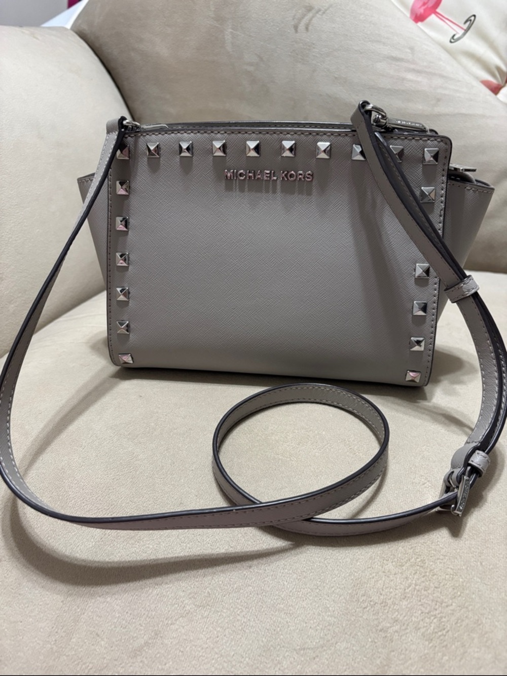 Michael Kors Grey Studded Saffiano Crossbody